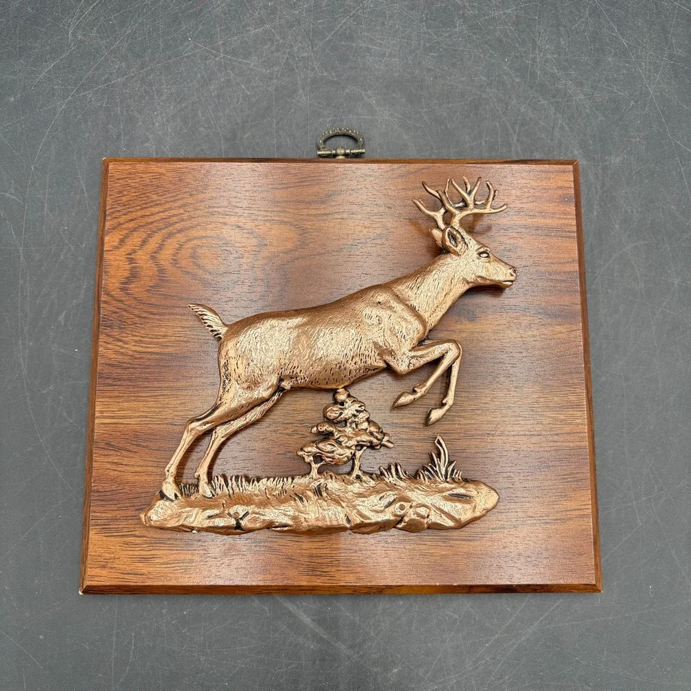 Vtg Set of 2 A&F Canada 3D Leaping Buck Deer Plaques Copper Tone Wood 1330LB